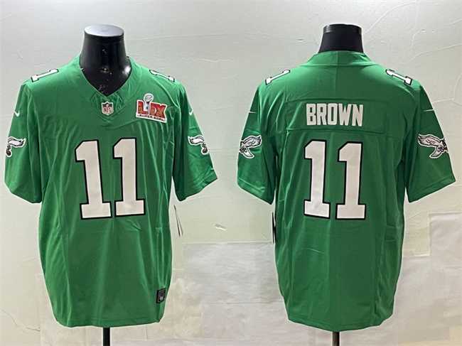 Mens Philadelphia Eagles #11 A.J. Brown Green 2025 Super Bowl LIX Patch F.U.S.E. Throwback Vapor Untouchable Limited Stitched Jersey